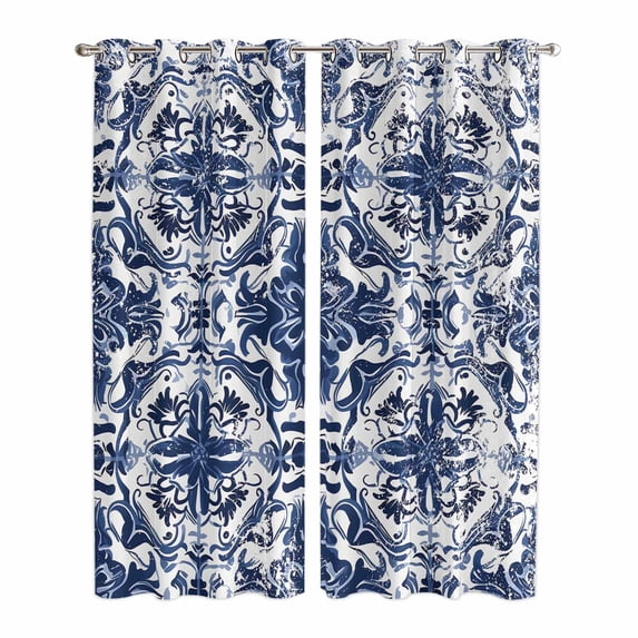 Navy Blue Boho Kitchen Curtains 84 Inch Length, Ehtnic Abstract Art Modern Geometric Grommet Top Bedroom Living Room Curtains, Light Filtering Cafe Curtain Drapes 2 Panels Set 84''x84''