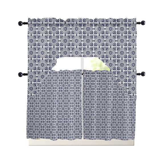 Navy Blue Boho Kitchen Curtains Set for Windows 3 Piece Cafe Curtains 36 Inch Length Swag Curtains Valances and Tier Set Farmhouse Country Flowers Plaid Textured Drapes for Bedroom Living Room