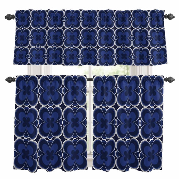 Navy Blue Boho Kitchen Curtains Sets for Windows 24 Inch Length, Farmhouse Abstract Floral Aesthetic Rod Pocket Window Treatments Tier Curtains and Valances Set for Bedroom/Bathroom