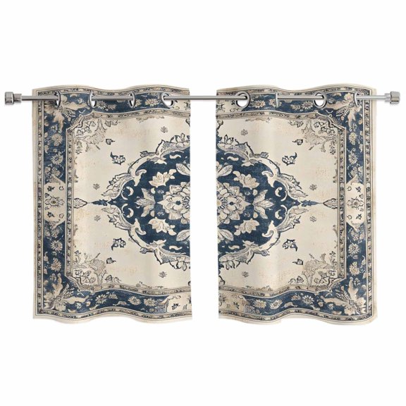 Navy Blue Boho Kitchen Curtains Small Short 39 Inch Length, Retro Southwestern Ethnic Geometric Grommet Top Bedroom Living Room Curtains, Light Filtering Cafe Curtain Drapes 2 Panels Set 55''x39''