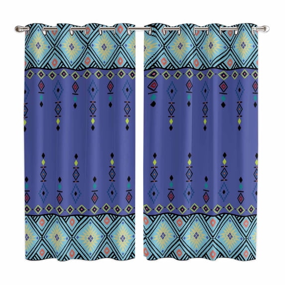 Navy Blue Boho Kitchen Curtains Window Panels, Vintage Ethnic Tribe Abstract Art Retro Insulated Window Treatment Curtain, Grommet Curtains for Bedroom/Living Room/Bathroom, 2 Piece 42"Wx63"L
