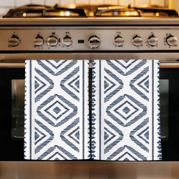 Navy Blue Boho Kitchen Towels Set of 1, Vintage Southwestern Geometric Stripes Absorbent Dish Towels for Kitchen, Microfiber Hand Towel, Quick Drying Tea Towel for Cleaning Decorative Dishcloths