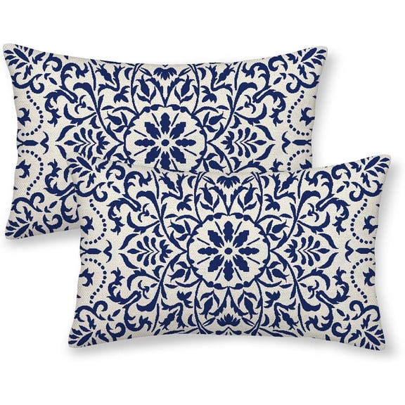 Navy Blue Boho Lumbar Pillow Covers 12x20 Set of 2, Bohemian Ethnic Carpet Pattern Design Decorative Throw Pillows Linen Farmhouse Cushion Pillow Covers for Sofa Couch Outdoor Decor