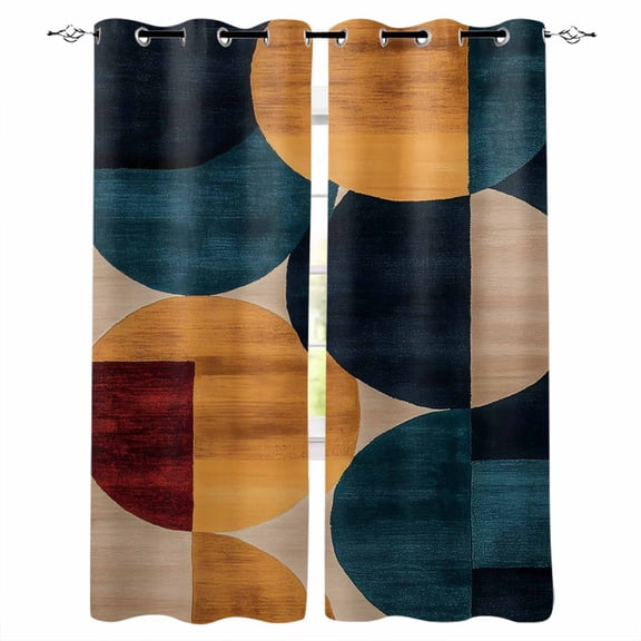 Navy Blue Boho Orange Blackout Curtains for Bedroom/Living Room, Thermal Insulated Kitchen Curtains, Geometric Circle Abstract Art Grommet Darkening Window Treatment Drapes 27.5"x39"x2