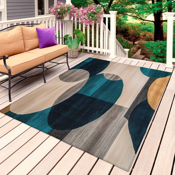 Navy Blue Boho Outdoor Rug 3x5 Ft, Non Slip Washable Area Rug, Circle Beige Vintage Modern Patio Rugs Carpet Runner, Large Floor Mat for Indoor/Outdoor Deck Porch Camping