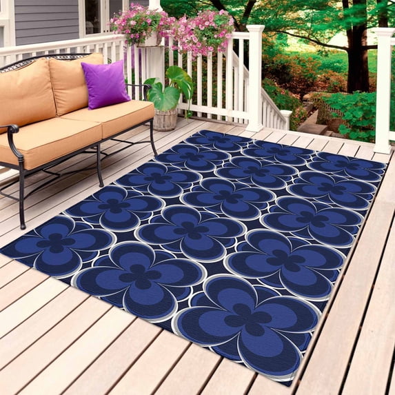 Navy Blue Boho Outdoor Rug 3x5 Ft, Non Slip Washable Area Rug, Farmhouse Abstract Floral Aesthetic Patio Rugs Carpet Runner, Large Floor Mat for Indoor/Outdoor Deck Porch Camping