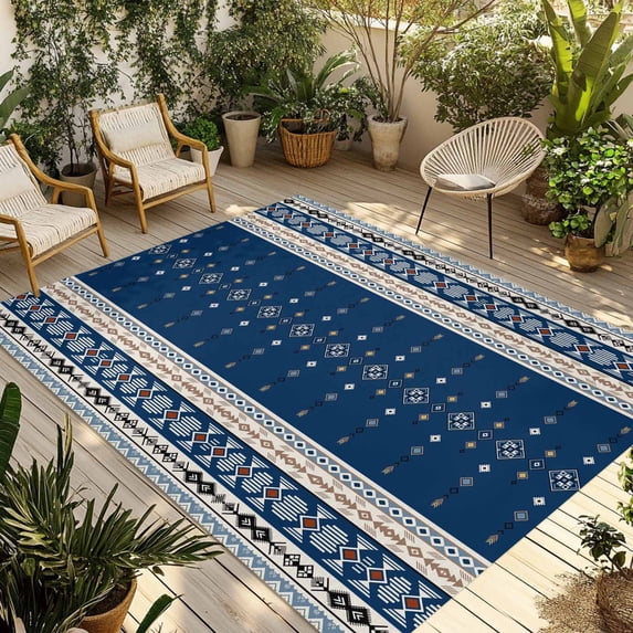 Navy Blue Boho Outdoor Rug for Patio/Deck/Porch, Non-Slip Large Area Rug 5 x 8 Ft, Vintage Ethnic Tribe Abstract Art Indoor Outdoor Rugs Washable Area Rugs, Reversible Camping Rug Carpet Runner