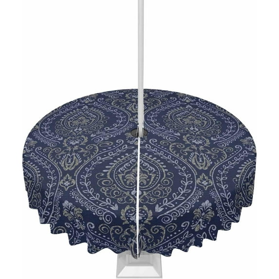 Navy Blue Boho Outdoor Tablecloth - 54 Inch Round Dining Table Cover, Modern Geometric Abstract Art Waterproof Outdoor Table Cloth with Umbrella Hole & Zipper for Picnic/Patio/Party