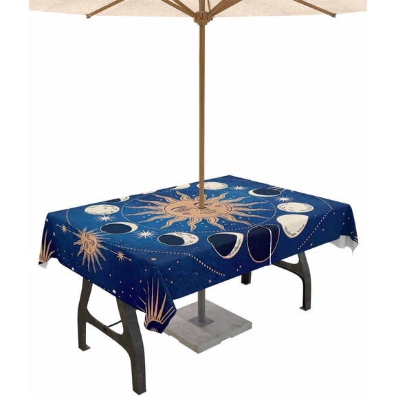 Navy Blue Boho Outdoor Tablecloth with Umbrella Hole Rectangle, Modern Abstract Bohemia Sun Moon Waterproof Table Cloth Washable Wipeable Cover Spill Proof for Patio Spring Summer Picnic BBQ 60"x84"