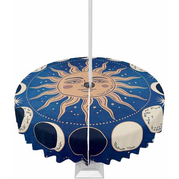 Navy Blue Boho Outdoor Tablecloth with Umbrella Hole Round, Modern Abstract Bohemia Sun Moon Waterproof Table Cloth Washable Wipeable Cover Spill Proof for Patio Spring Summer Picnic BBQ 60"