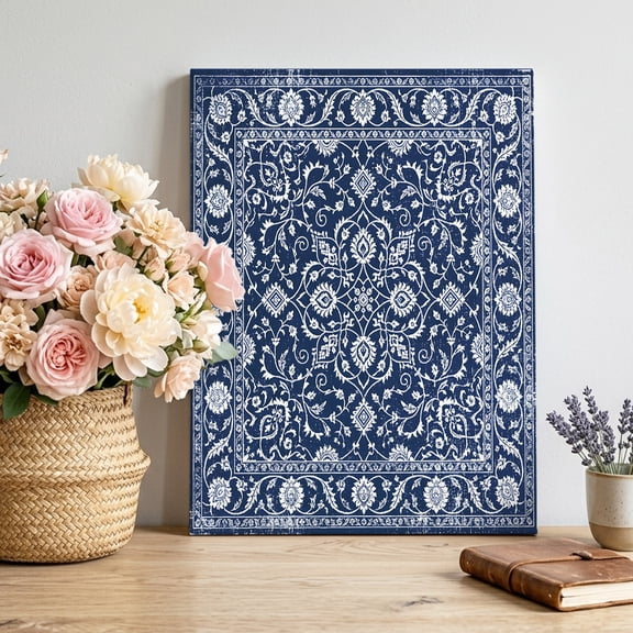 Navy Blue Boho Paisley Canvas Wall Art Framed Wall Decor for Living Room Bedroom Bathroom, Vintage Floral Classic Traditional Canvas Pictures Ready to Hang Decor, 11"x14"