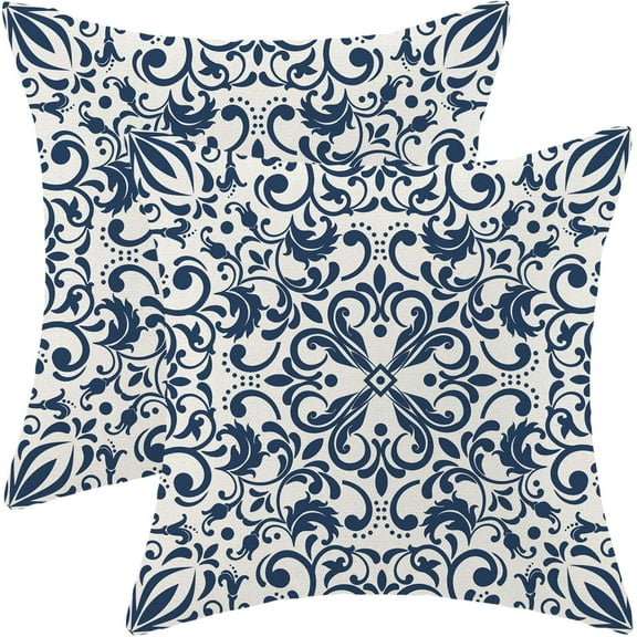 Navy Blue Boho Pillow Covers 18x18 Set of 2, Bohemian Ethnic Design Carpet Pattern Decorative Throw Pillows Linen Blue Print Farmhouse Cushion Pillow Covers for Sofa Couch Outdoor Decor