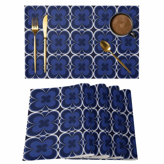 Navy Blue Boho Placemats Set of 8, Farmhouse Abstract Floral Aesthetic Placemats for Dining Table, Place Mats for Kitchen Tabletop, Waterproof Wipeable Dining Table Mats Set