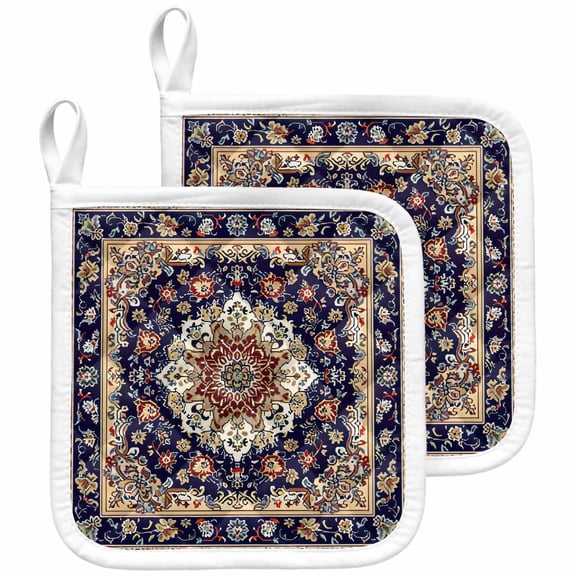 Navy Blue Boho Pot Holders for Kitchen Heatproof Potholder, 2 Pack Contemporary Abstract Ethnic Vintage Geometric Hot Pads Multipurpose Oven Pads Cloth Potholders Trivet for Cooking and Baking