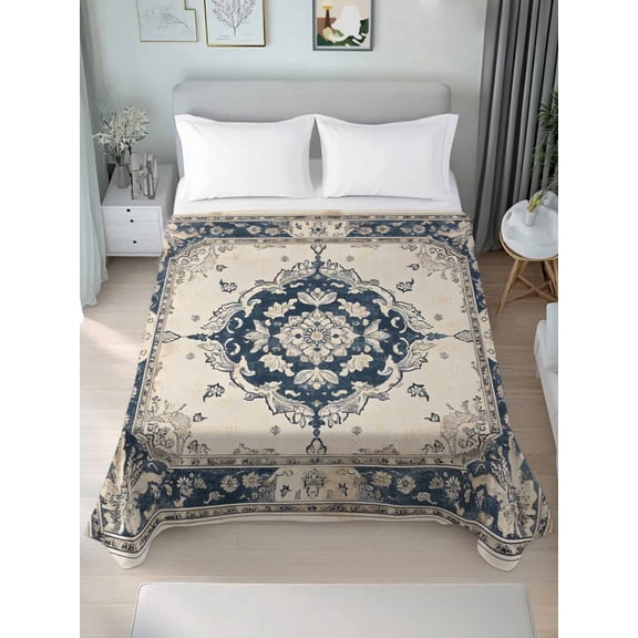 Navy Blue Boho Queen Size Flat Sheet, Wrinkleproof & Fadeproof Cooling Flat Bed Sheet Only, Retro Southwestern Ethnic Geometric Breathable Soft Bedding Top Sheets 90 x 102 Inches