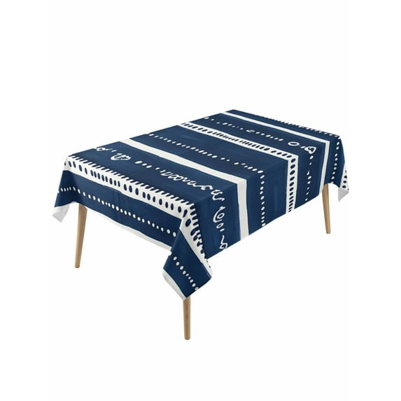 Navy Blue Boho Rectangle Tablecloth, Geometric Vertical Stripes Modern Art Waterproof & StainResistant Tablecloth, Washable Oil-proof Table Cover for Dining/Party/Wedding/Camping/Buffet 60x120 In