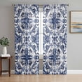 thumbnail image 1 of Navy Blue Boho Semi Sheer Window Curtains 84 Inches Long, Ehtnic Abstract Art Modern Geometric Rod Pocket Voile Chiffon Curtain Light Filtering Drapes for Living Room, Kitchen, 52"x84", 2 Panels, 1 of 9
