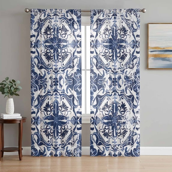 Navy Blue Boho Semi Sheer Window Curtains 84 Inches Long, Ehtnic Abstract Art Modern Geometric Rod Pocket Voile Chiffon Curtain Light Filtering Drapes for Living Room, Kitchen, 52"x84", 2 Panels