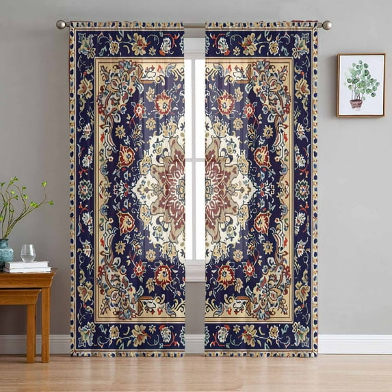 Navy Blue Boho Sheer Curtains 96 Inches Long 2 Panels Set, Window Sheer Curtains for Living Room/Bedroom, Contemporary Abstract Ethnic Vintage Geometric Light Filter Rod Pocket Curtain 52''x96''x2