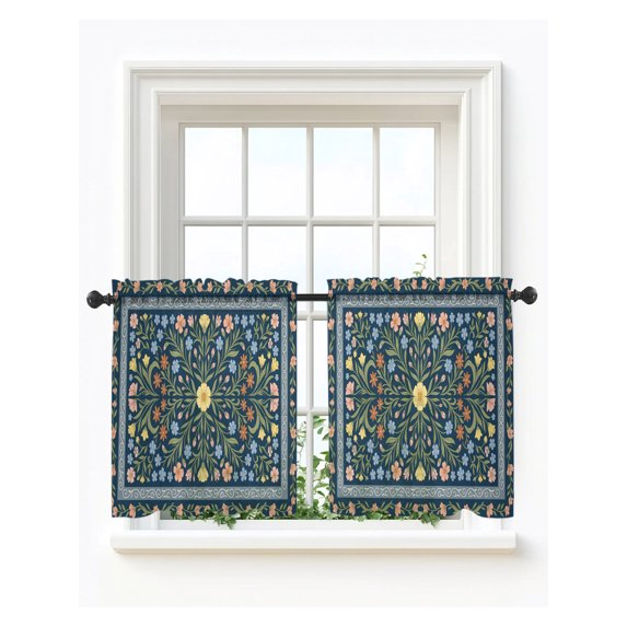Navy Blue Boho Sheer Kitchen Tier Curtains 24 Inch Length,Short Curtains for Small Windows Cafe,Vintage Ethnic Botanical Flowers Leaves Rod Pocket Voile Half Window Treatments 27.5"x24" 2 Panels