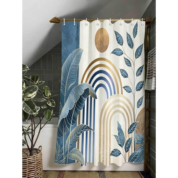 Navy Blue Boho Shower Curtain Mid Century Abstract Boho Aesthetic Spring Summer Nature Leaf Sun Modern Minimalist Shower Curtains Decor with Hooks 36X72 Inches