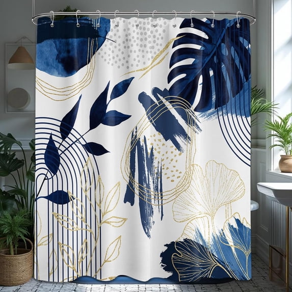 Navy Blue Boho Shower Curtain Mid Century Modern White and Dark Blue Leaf Shower Curtains for Mens Bathroom Decor Set, Waterproof Cloth Fabric with Hooks 54"W x 78"L (Pack of 1)