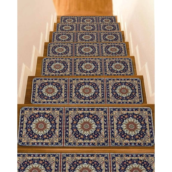 Navy Blue Boho Stair Treads for Wooden Steps Indoor Runner Rug Carpet, Contemporary Abstract Ethnic Vintage Geometric 4 Pieces Peel and Stick Staircase Step Treads Covers Washable Door Mats 30"x8"