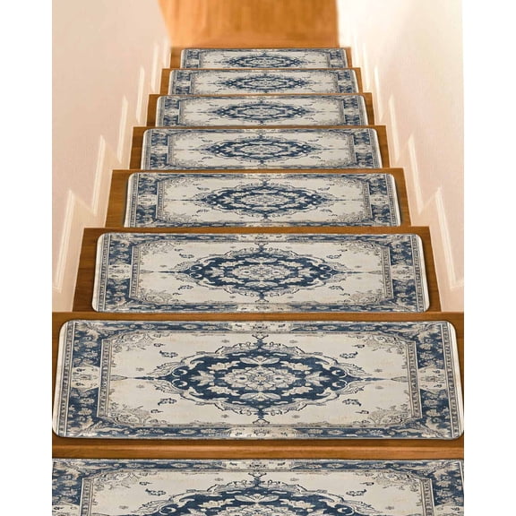 Navy Blue Boho Stair Treads for Wooden Steps Indoor Runner Rug Carpet, Retro Southwestern Ethnic Geometric 4 Pieces Peel and Stick Staircase Step Treads Covers Washable Throw Door Mats, 30"x8"