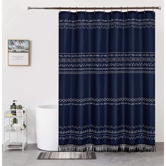 Navy Blue Boho Stall Shower Curtain with Tassel,Fabric Modern Farmhouse Bathroom Curtain Sets with Hooks,72" Wx72" H