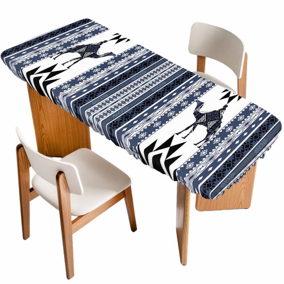 Navy Blue Boho Table Cloths for 8 Foot Rectangle Tables, Vintage Abstract Art Ethnic Tribe Patio Waterproof Elastic Fitted Tablecloths, Washable Rectangular Table Cover for Camping