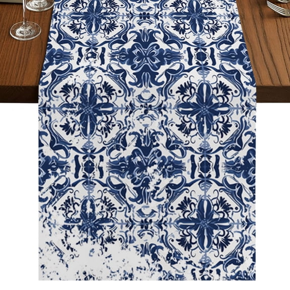 Navy Blue Boho Table Runner 36 Inches Long, Cotton Linen Table Runner Dresser Scarf, Ehtnic Abstract Art Modern Geometric Short Fabric Tablerunners for Dining Tables Wedding Holiday Party 13"x36"