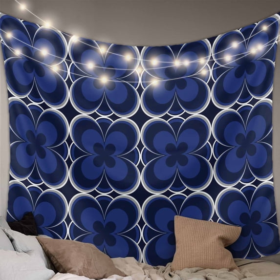 Navy Blue Boho Tapestry for Bedroom Wall Hanging Tapestry, Farmhouse Abstract Floral Aesthetic Ceiling Backdrop Tapestries Poster Blanket Wall Decor for Teens Room Living Room Dorm 55" x 73"