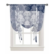 Navy Blue Boho Tie Up Curtains for Kitchen Bathroom Bedroom Windows 45 Inch Length, Vintage Floral Contemporary Art Balloon Drape Curtains Shade Rod Pocket Drapery Curtain Panel, 34"x45"