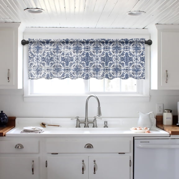 Navy Blue Boho Valance Curtains for Kitchen/Living Room/Bathroom/Bedroom Window, Ehtnic Abstract Art Modern Geometric Rod Pocket Small Topper Half Short Window Curtains Voile Sheer Scarf 42"x18"