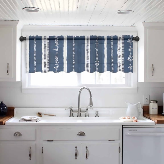 Navy Blue Boho Valance Curtains for Kitchen/Living Room/Bathroom/Bedroom Window, Geometric Vertical Stripes Modern Art Rod Pocket Small Topper Half Short Window Curtains Voile Sheer Scarf 42"x12"