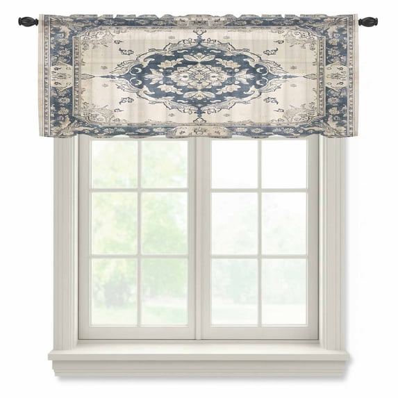 Navy Blue Boho Valance Curtains for Kitchen/Living Room/Bathroom/Bedroom Window, Rod Pocket Small Topper Half Short Window Curtains Voile Sheer Scarf, Retro Southwestern Ethnic Geometric 42"x12"