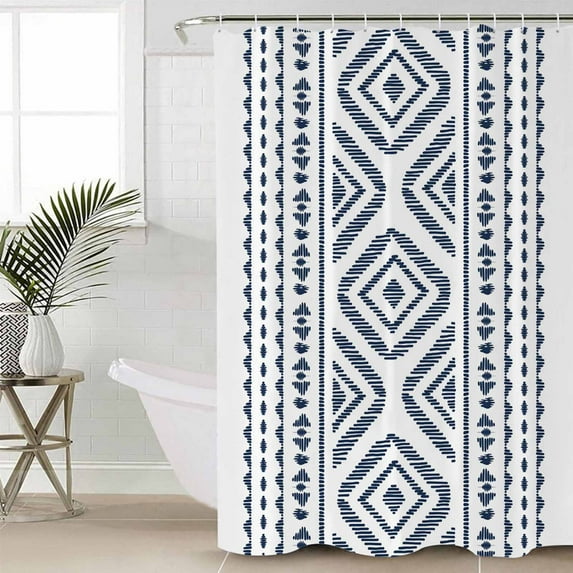 Navy Blue Boho Waterproof Fabric Shower Curtain, Vintage Southwestern Geometric Stripes Shower Curtain for Bathroom Curtains Bathtubs Hotel Washable Shower Curtains with 12 Hooks Extra Long 72x96