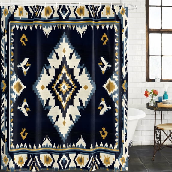 Navy Blue Boho Waterproof Shower Curtain, Stall 36"x72" Washable Polyester Fabric Shower Curtains for Bathroom, Ethnic Art Geometric Southwestern Decorative Bathtub Curtain Sets with Hooks