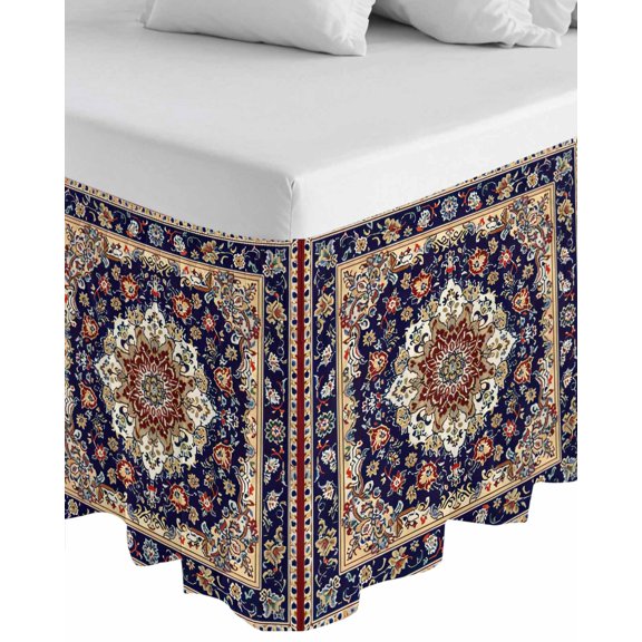 Navy Blue Boho Wrap Around Bed Skirts for California King Bed 16" Drop,Bed Skirt with Adjustable Elastic Belt Dust Ruffle Bed Valance Contemporary Abstract Ethnic Vintage Geometric Bed Frame Cover