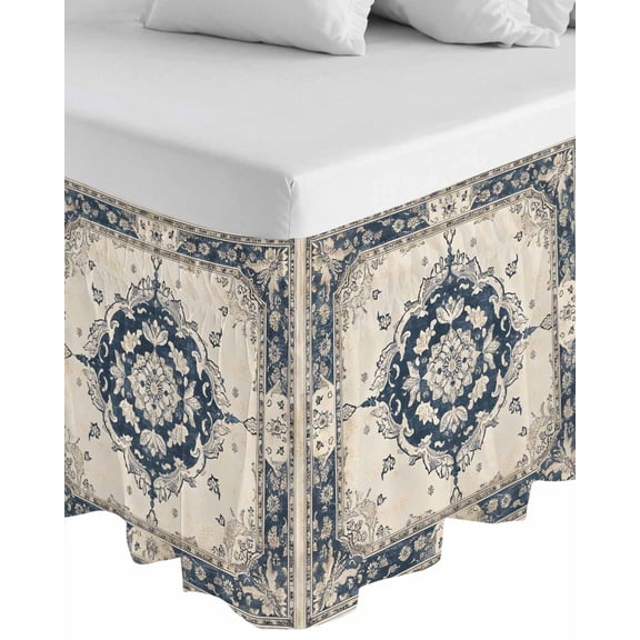 Navy Blue Boho Wrap Around Bed Skirts for Queen Bed 18" Drop,Bed Skirt with Adjustable Elastic Belt Dust Ruffle Bed Valance for Bedroom Hotel Retro Southwestern Ethnic Geometric Bed Frame Cover