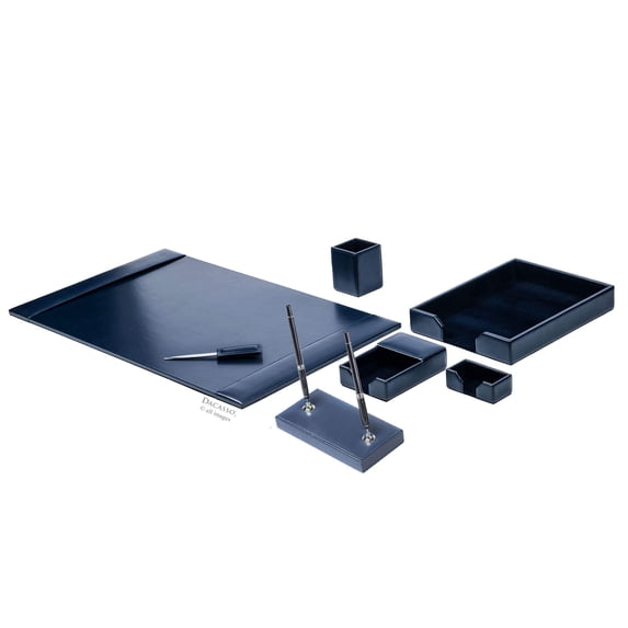 Navy Blue Bonded Leather 7-Piece Desk Set