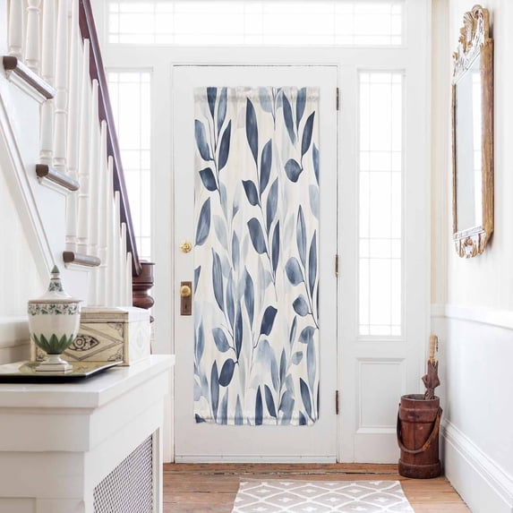 Navy Blue Botanical Door Curtains for Door Window, French Sidelight Front Back Door Curtains With Tieback, Pastoral Spring Leaves Watercolor Kitchen Rod Pocket Drapes Panel, 25"x72"