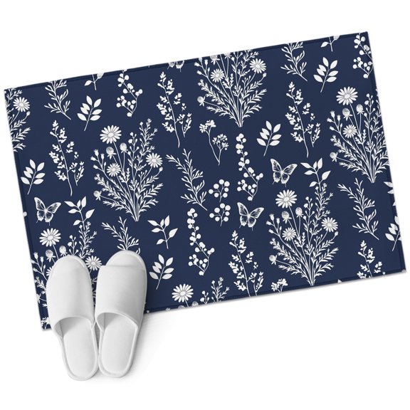 Navy Blue Botanical Entryway Rug 2x3 Area Rug Washable Indoor Doormat Small Bathroom Rugs Non-Slip Low Pile Accent Throw Rugs Spring Summer Chic Wildflowers Floor Carpet for Kitchen Bedroom Entrance