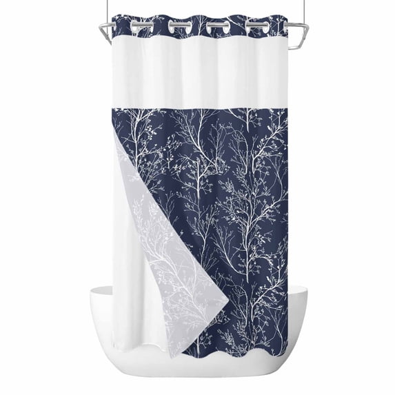 Navy Blue Botanical No Hook Shower Curtain with Snap in Liner, Waterproof Fabric Shower Curtains, Vintage Floral Plants Branch Shower Curtain Set Top See Through for Bathroom 36"x78"