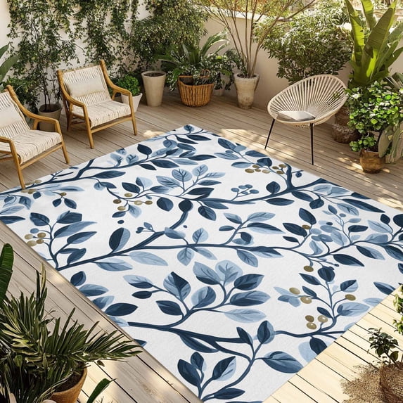 Navy Blue Botanical Outdoor Rug 3x5 Ft - Reversible Patio Rug Outdoor Camping Rugs, Summer Spring Leaves Washable Indoor Outdoor Area Rugs, Non-Slip Outdoor Carpet Runner for Deck/Porch