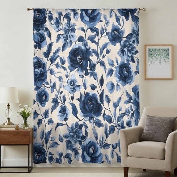 Navy Blue Botanical Peony Sheer Curtains 108 Inches Extra Long, Vintage Floral Blossom Light Filering Curtains, Privacy Drapes Simi Floor to Veiling Curtain for Living Room Bedroom Window Treatment
