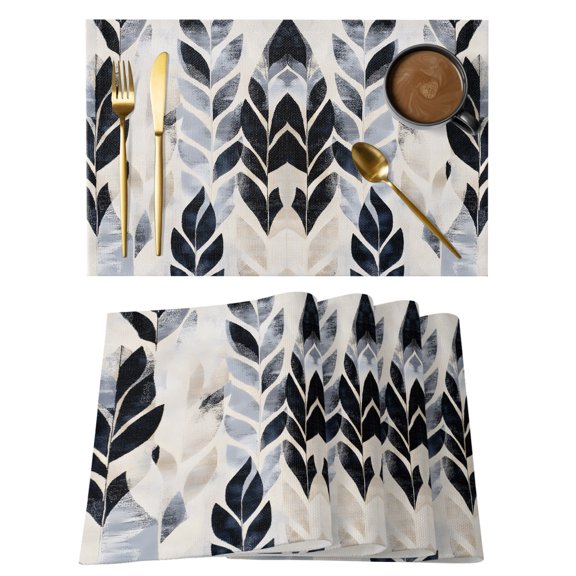 Navy Blue Botanical Placemats Set of 6, Cotton Linen Fabric Place Mats, Tropical Palm Leaves Retro Washable Decorative Table Mats Protector for Home Kitchen Dining Wedding Party Coffee Tables