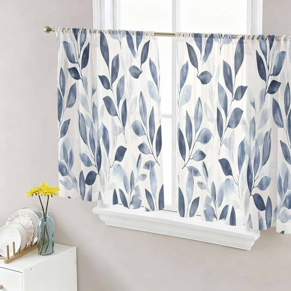 Navy Blue Botanical Semi Sheer Curtains 45 Inch Length 2 Panels Set, Pastoral Spring Leaves Watercolor Sheer Kitchen Curtain Privacy Voile Window Curtain for Living Room Bedroom Rod Pocket Drapes
