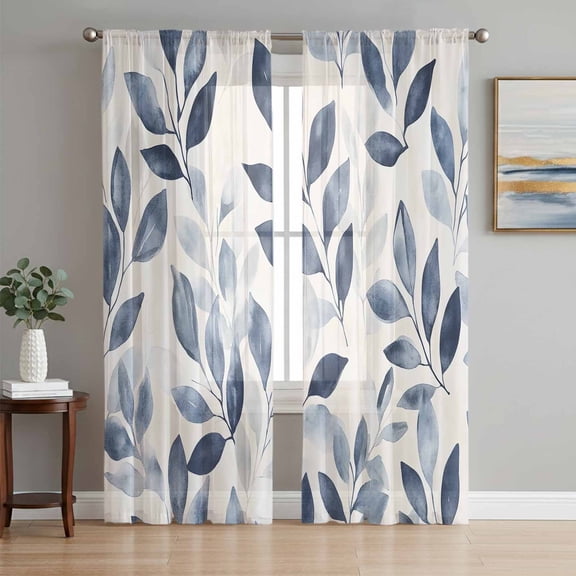 Navy Blue Botanical Sheer Curtains 72 Inch Length 2 Panels Set, Pastoral Spring Leaves Watercolor Voile Window Treatment Rod Pocket Curtains Sheers Drapes for Bedroom/Living Room/Kitchen 52"x72"x2