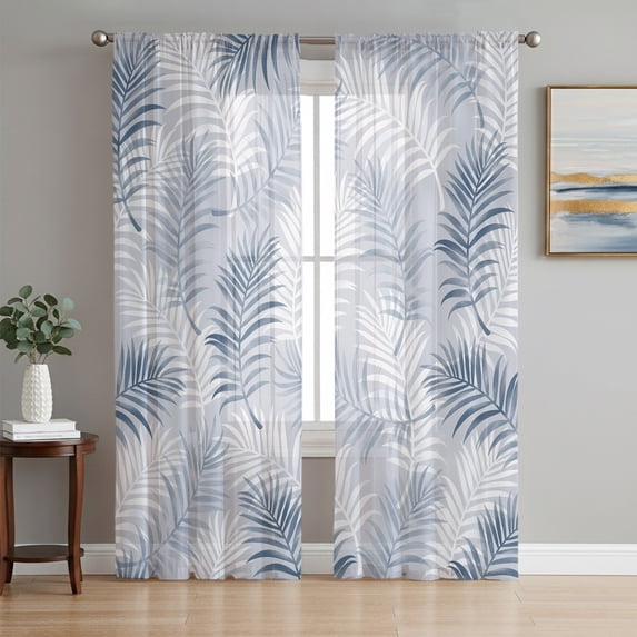 Navy Blue Botanical Sheer Curtains 72 Inch Length 2 Panels Set, Summer Palm Leaves Foliage Tropical Voile Window Treatment Rod Pocket Curtains Sheers Drapes for Bedroom/Living Room/Kitchen 52"x72"x2
